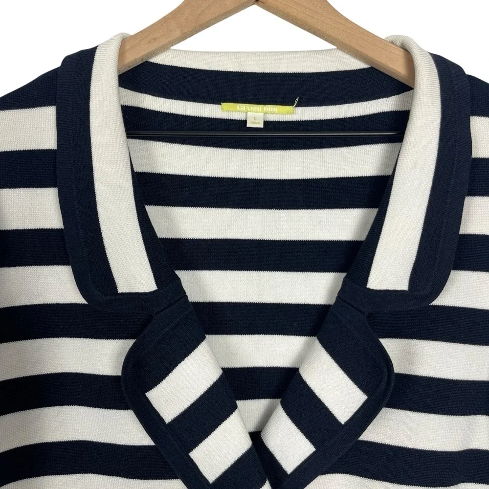 GIANNI BINI Women's Blazer Jacket Striped Dark Navy Blue White L Silk Blend Knit